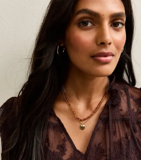 Gold Tone Layered Bead Coin Pendant Necklace