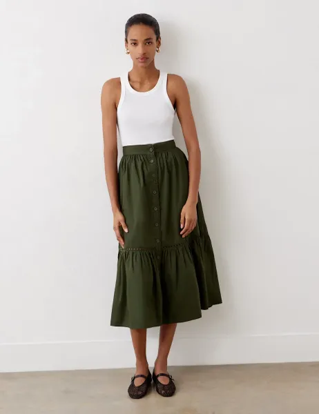 Finery London Pure Cotton Midi Tiered Skirt Green