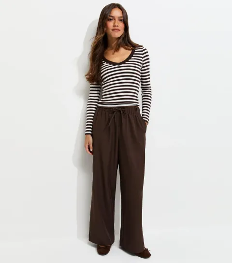 Women's Petite Dark Brown Pull On Wide Leg Trousers