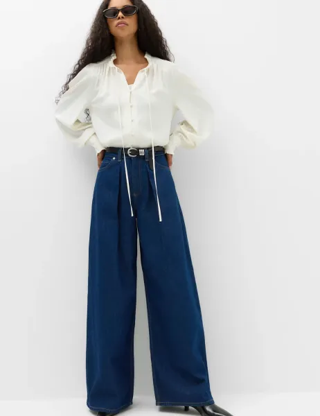 Marks & Spencer High Waisted Pleat Front Wide Leg Jeans Indigo Mix