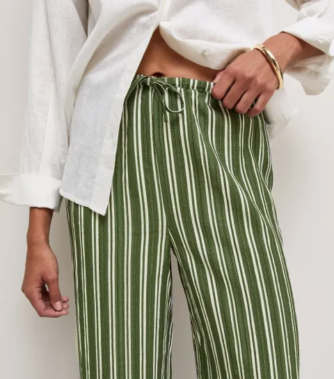 Women's Green Striped Drawstring Wide Leg Trousers