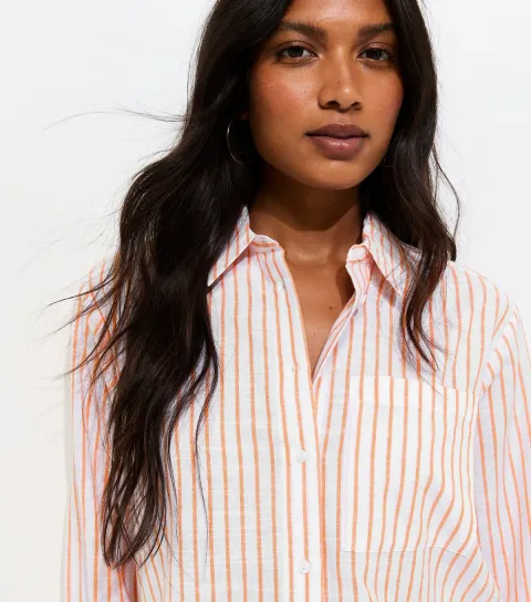 New Look Women's Orange Striped Cotton Shirt