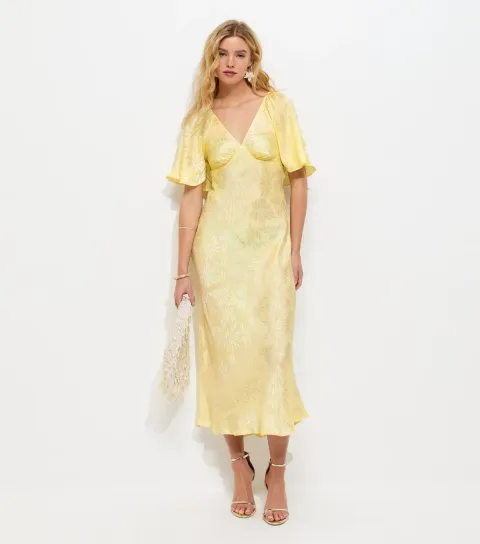 New Look Women's Light Green Palm Leaf Jacquard Flutter Sleeve Midi Dress