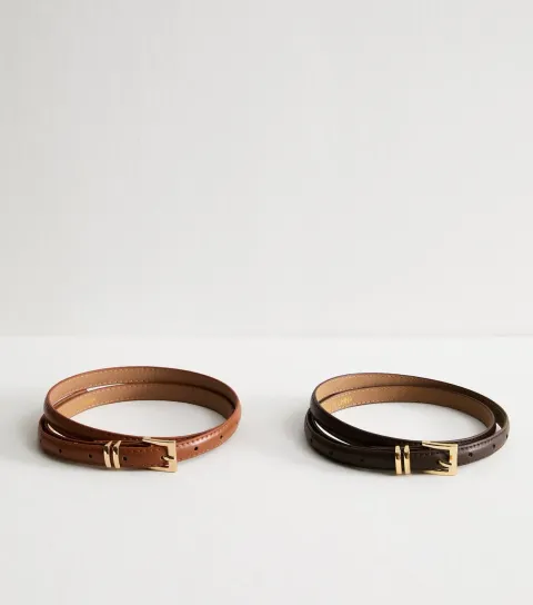 Pack Of 2 Brown Faux Leather Buckled Belts