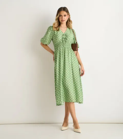 Women's Green Polka Dot Midi Dress