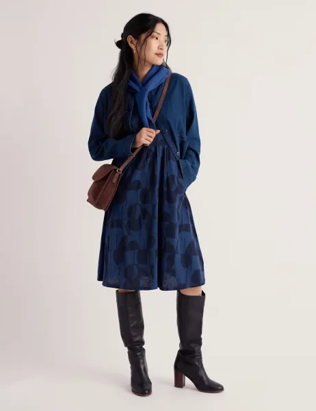 Seasalt Cornwall Pure Cotton Geometric Midi Waisted Dress Navy Mix