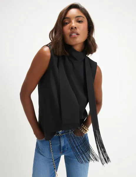 Fringed Scarf Neck Tank Top Black