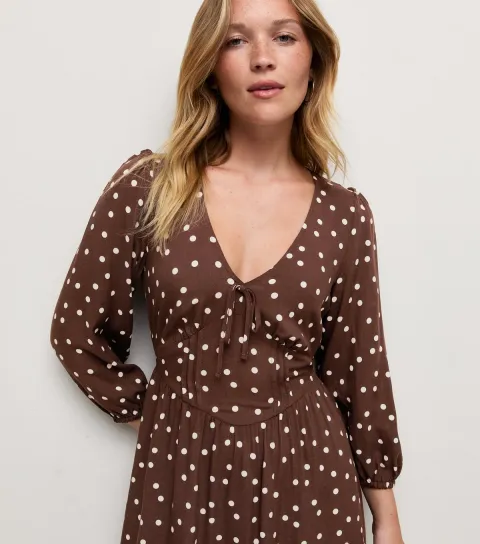 Women's Brown Spot Print Long Sleeve Empire Line Mini Dress