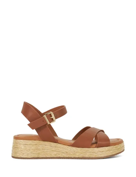 Dune London Leather Ankle Strap Wedge Espadrille Sandals Tan
