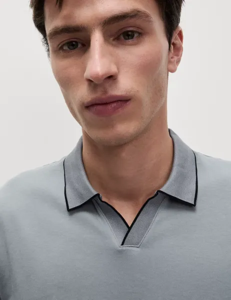 Marks & Spencer Pure Cotton Tipped Long Sleeve Polo Shirt Steel