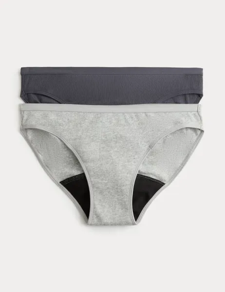 Marks & Spencer 2 Pack Ribbed Period Bikini Knickers Grey Mix
