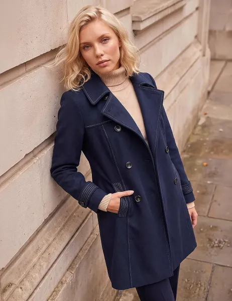 Roman Petite Collared Double Breasted Tailored Coat Navy Mix