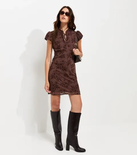 Women's Dark Brown Floral Flocked Keyhole Tie Neckline Mini Dress