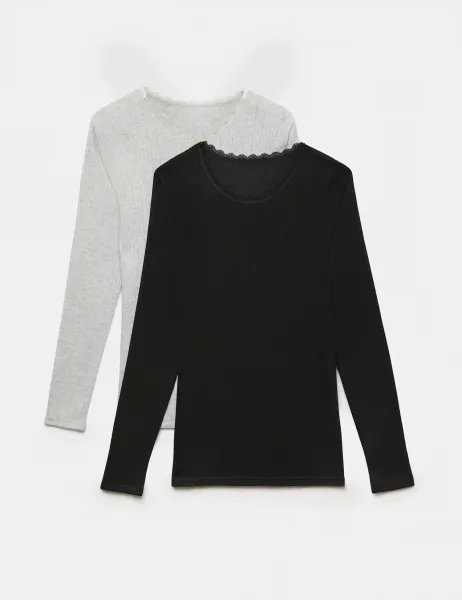 Marks & Spencer 2 Pack Medium Warmth Pointelle Thermal Long Sleeve Tops Black Mix
