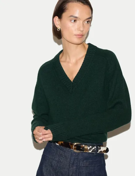 Jigsaw Wool Rich V-Neck Jumper Green