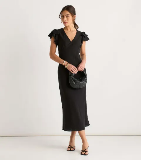 Women's Black V Neck Ruffle Midi Dress