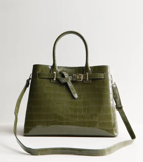 Khaki Buckle Faux Croc Triple Compartment Tote Bag Vegan