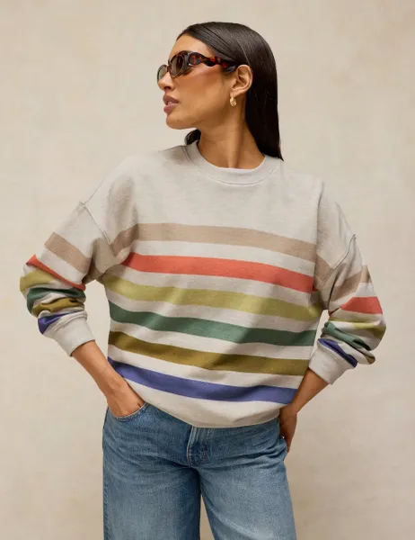 White Stuff Cotton Rich Striped Longline Sweatshirt Natural Mix