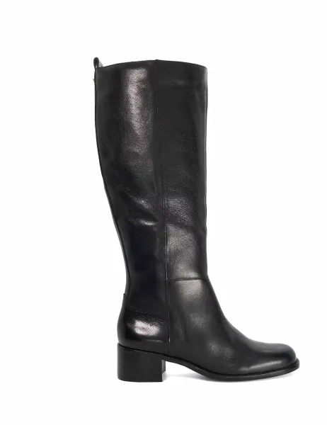 Dune London Leather Block Heel Knee High Boots Black