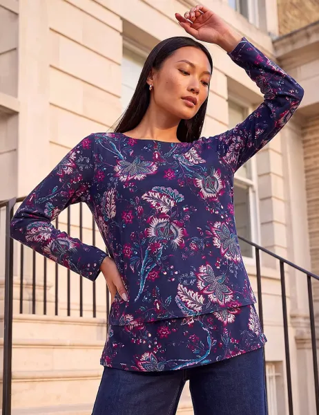 Roman Floral Double Layer Top Navy