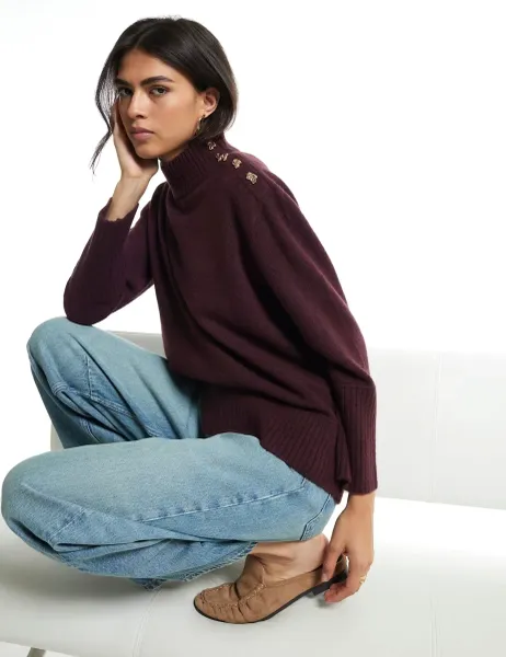 River Island Funnel Neck Button Detail Jumper Burgundy