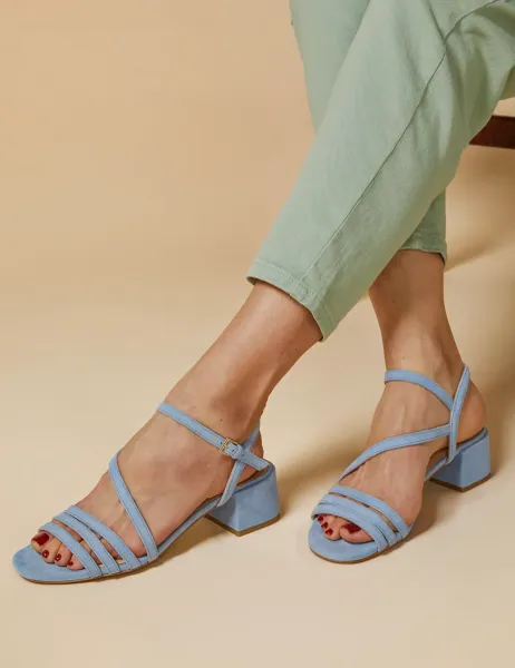 Jones Bootmaker Suede Ankle Strap Block Heel Sandals Pale Blue