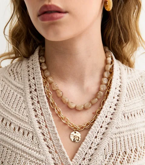 Gold Tone Layered Resin Bead Coin Pendant Necklace