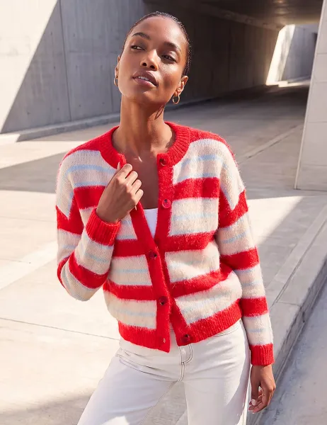 Roman Striped Cardigan With Wool Red Mix