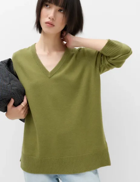 Marks & Spencer Air-Yarn V-Neck Oversized Longline Jumper Sage