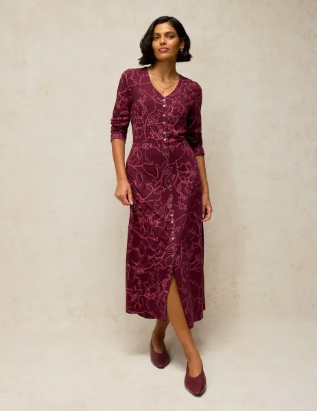 White Stuff Reese Cotton Blend Printed Button Through Midi Dress Plum