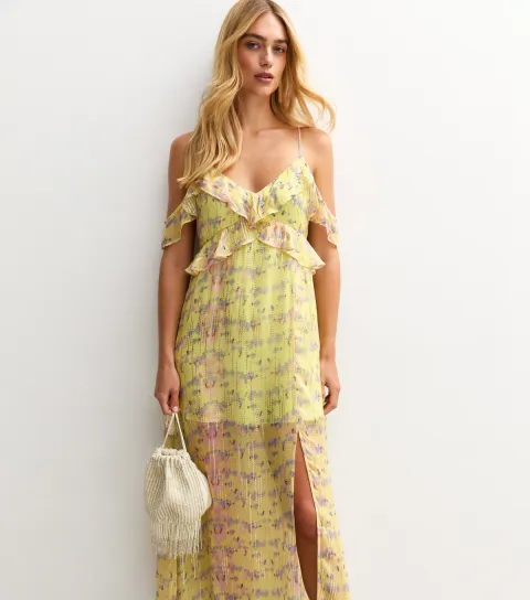 Women's Yellow Floral Print Jacquard Midi Dress