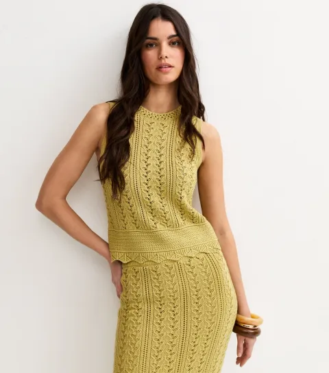 Women's Green Cotton Rich Scallop Hem Pointelle Knitted Vest