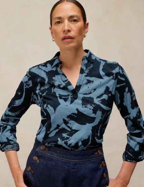 White Stuff Pure Cotton Printed Top Blue Mix