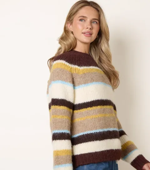 Blue Vanilla Women's Dark Brown Striped Knitted Jumper