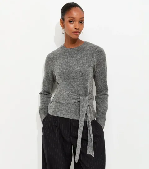 New Look Women's Grey Knitted Tie Front Jumper