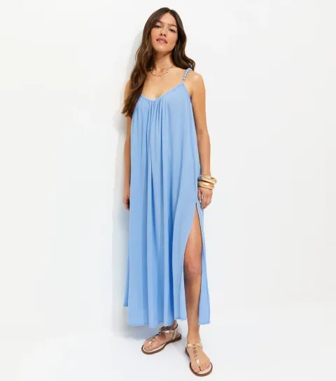 Women's Petite Light Blue Covered Beaded Strap Beach Maxi Dress