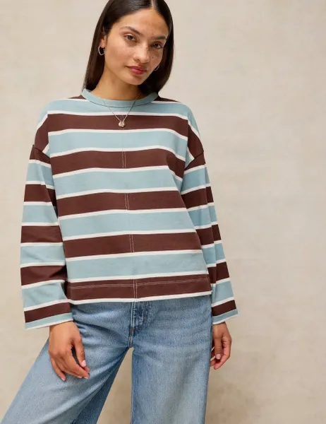 White Stuff Pure Cotton Striped T-Shirt Blue Mix