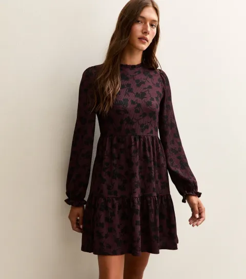 Women's Purple Floral Print Crinkle Texture Smock Dress