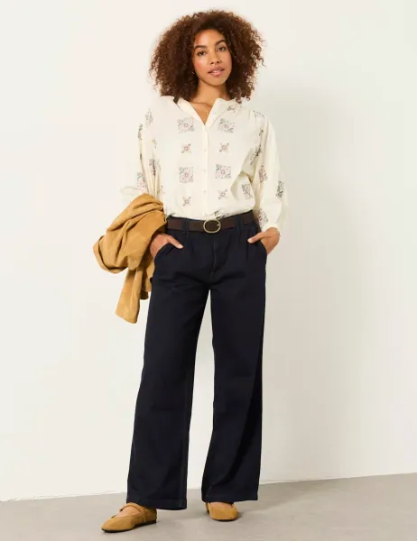FatFace Mid Rise Pleated Wide Leg Jeans Black