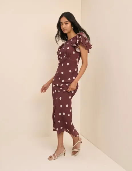 Nobody's Child Polka Dot Round Neck Midaxi Tea Dress Brown