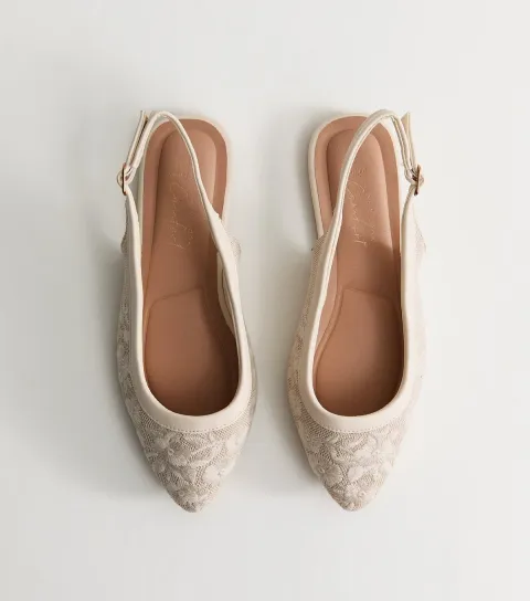 Women's Wide Fit Off White Floral Embroidered Slingback Pumps Vegan