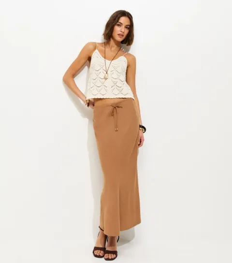 Women's Tan Linen Look Bias Cut Midi Skirt
