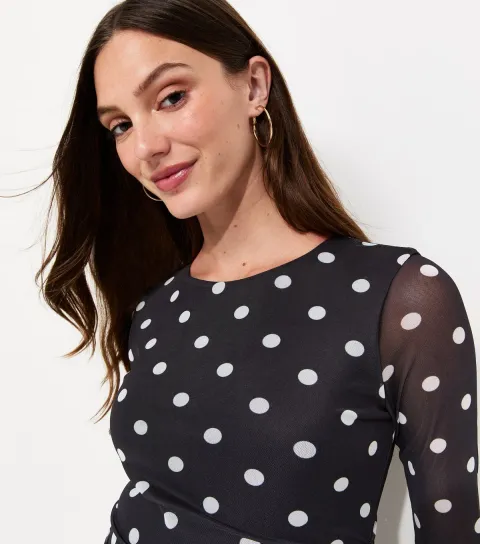 Women's Maternity Black Spot Print Crew Neck Ruched Mesh Midi Dress