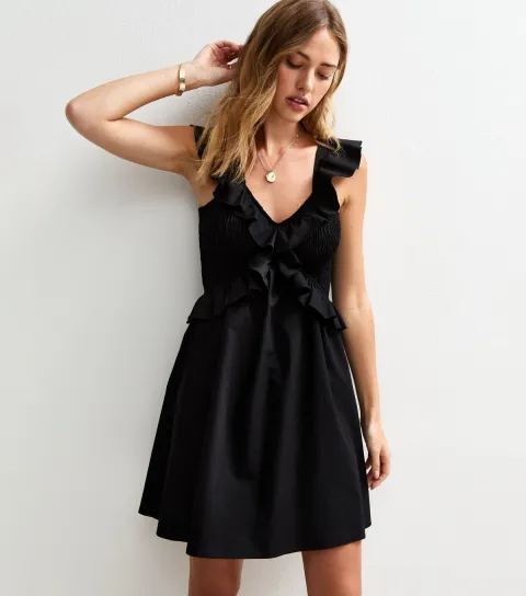 Women's Black Ruffle Trim Shirred Mini Dress