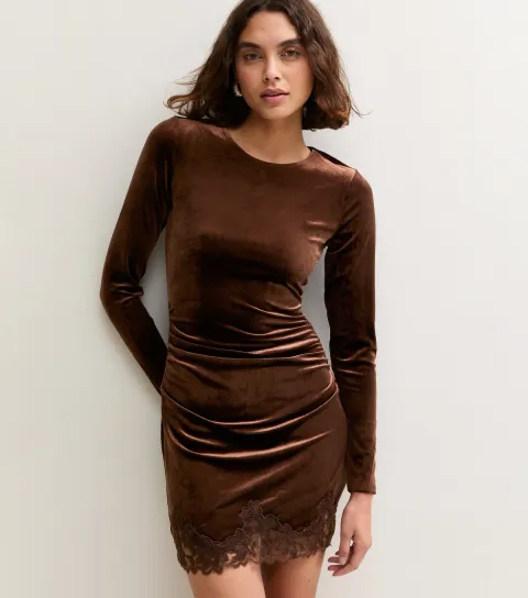 New Look Women's Tall Dark Brown Velvet Lace Trim Mini Dress