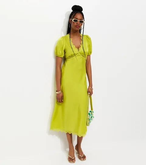New Look Women's Light Green Satin Lace Trim Tea Midi Dress