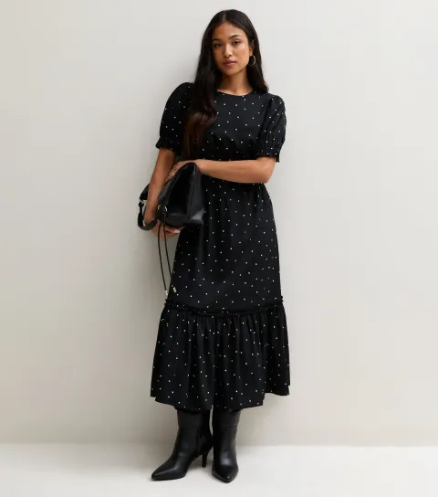 New Look Women's Petite Black Crepe Spot Print Short Sleeve Midi Dress