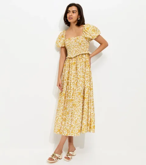 Women's Yellow Floral Shirred Midi Dress