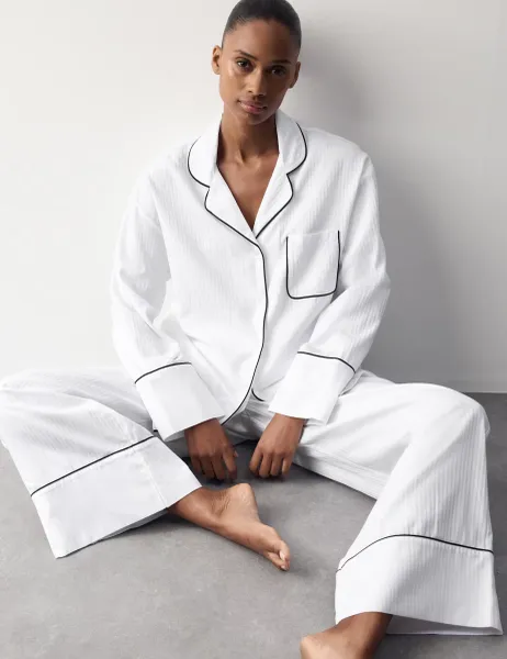 Autograph Pure Cotton Striped Revere Pyjama Set White