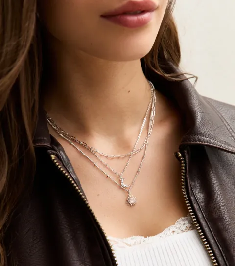 Silver-Tone Multi Row Moon Sun Chain Necklace